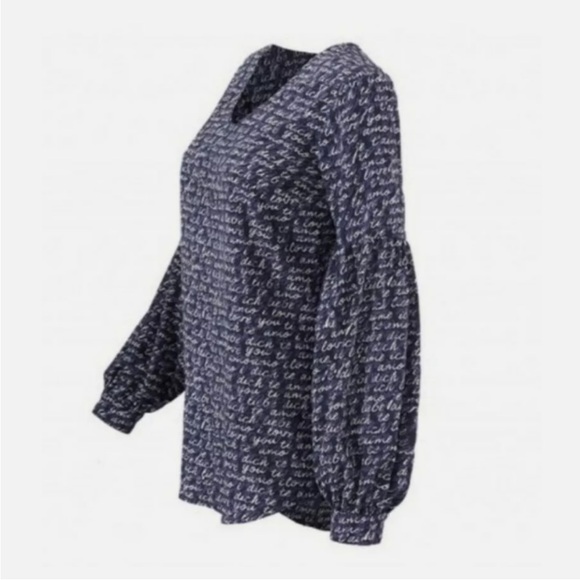 Cabi Tunic Top Womens Large Blue Script Print V-neck Relaxed Breezy Lightweight - Picture 7 of 11